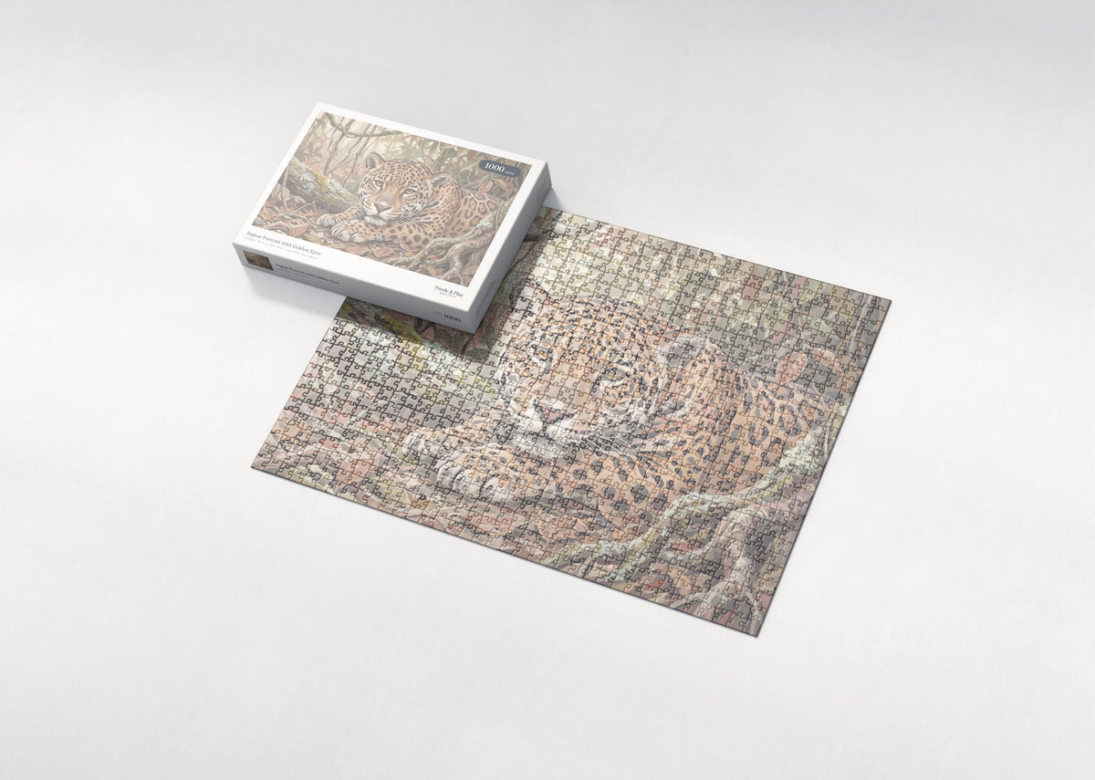 Jaguar Portrait with Golden Eyes jigsaw puzzle - box and puzzle
