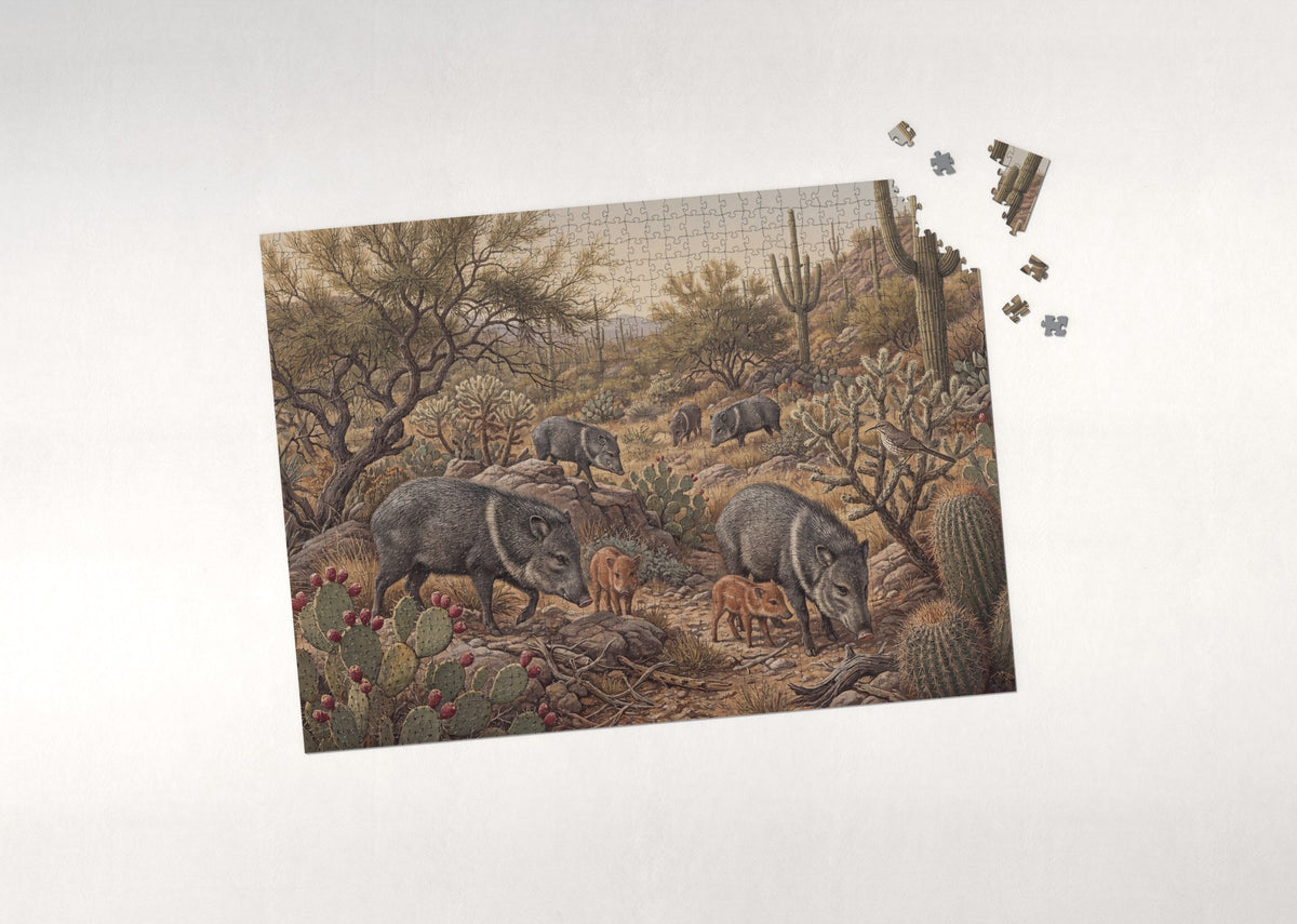 Javelina Herd in the Cactus Valley jigsaw puzzle - puzzle with loose pieces