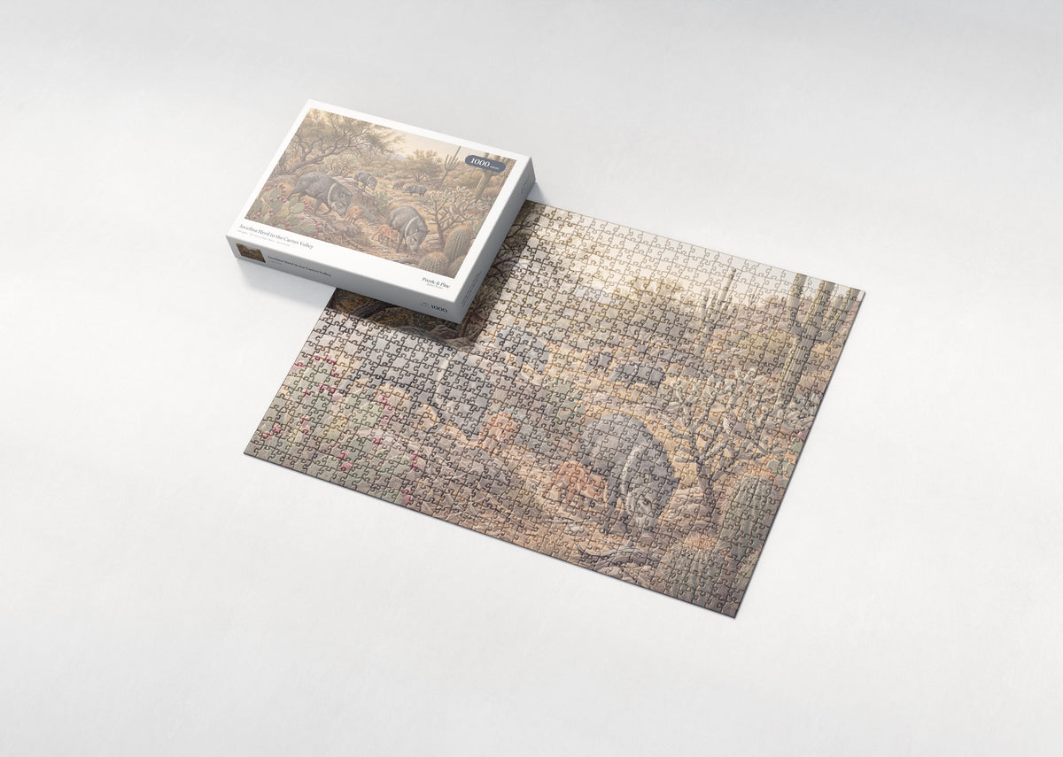 Javelina Herd in the Cactus Valley jigsaw puzzle - box and puzzle