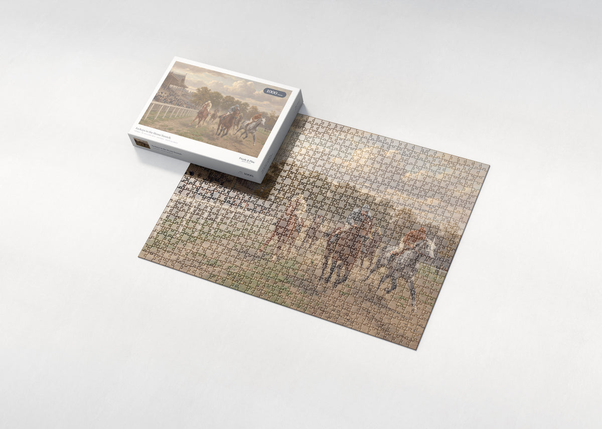 Jockeys in the Home Stretch jigsaw puzzle - box and puzzle