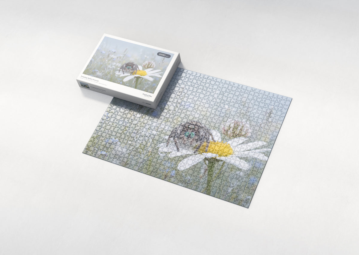 Jumping Spider Portrait jigsaw puzzle - box and puzzle