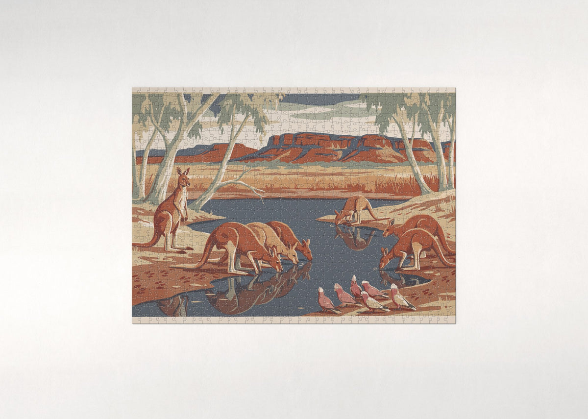 Kangaroo Mob at the Waterhole jigsaw puzzle - flat puzzle