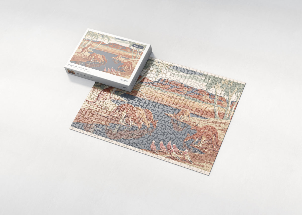 Kangaroo Mob at the Waterhole jigsaw puzzle - box and puzzle