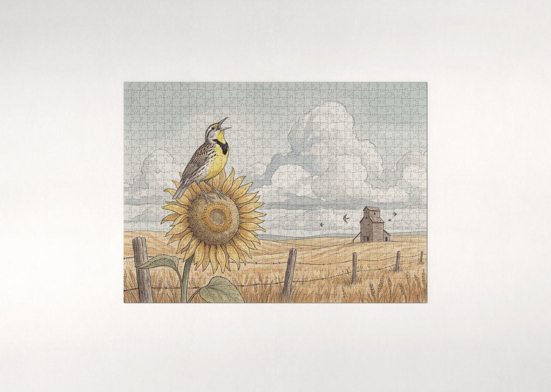 Kansas State Bird and Flower: Western Meadowlark and Sunflower jigsaw puzzle - gift box