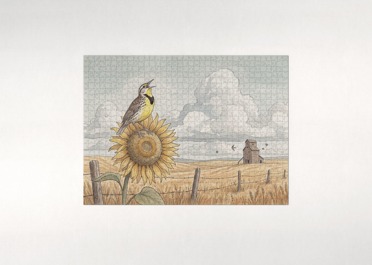 Kansas State Bird and Flower: Western Meadowlark and Sunflower jigsaw puzzle - flat puzzle