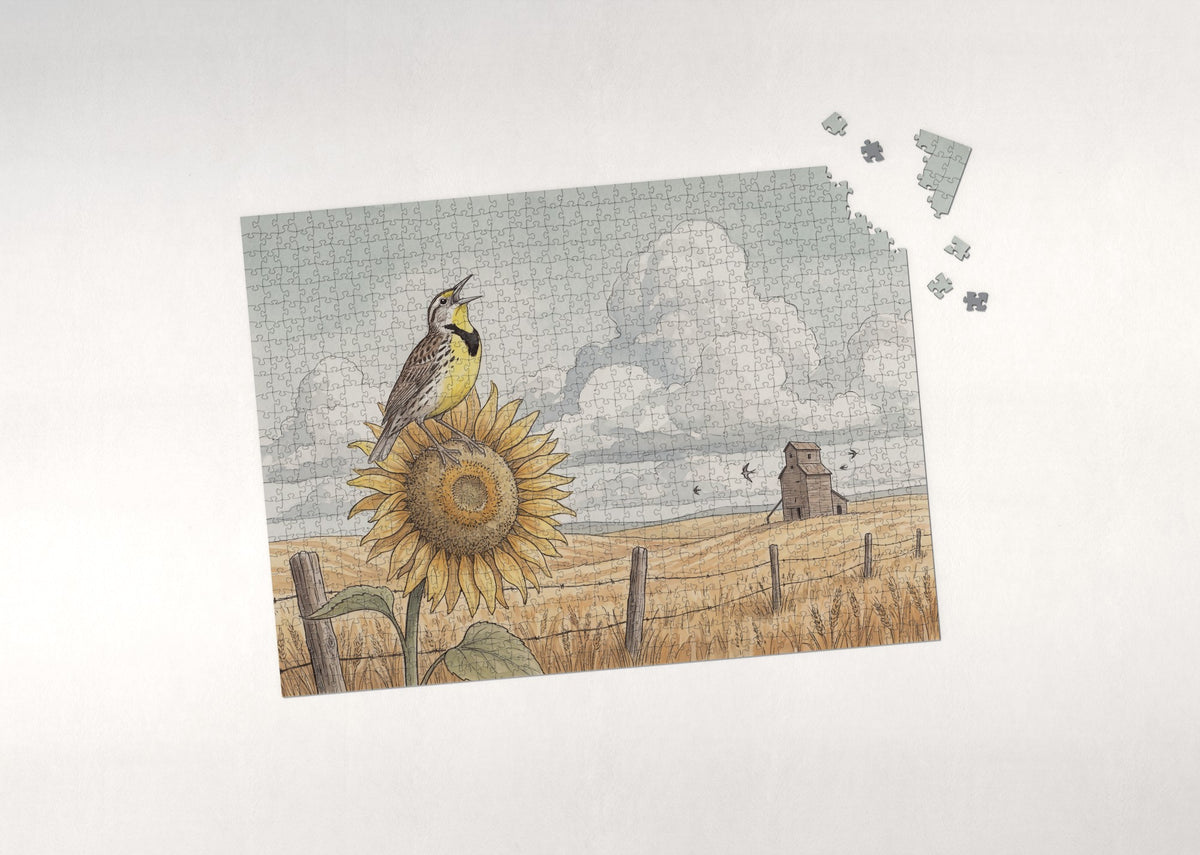 Kansas State Bird and Flower: Western Meadowlark and Sunflower jigsaw puzzle - puzzle with loose pieces