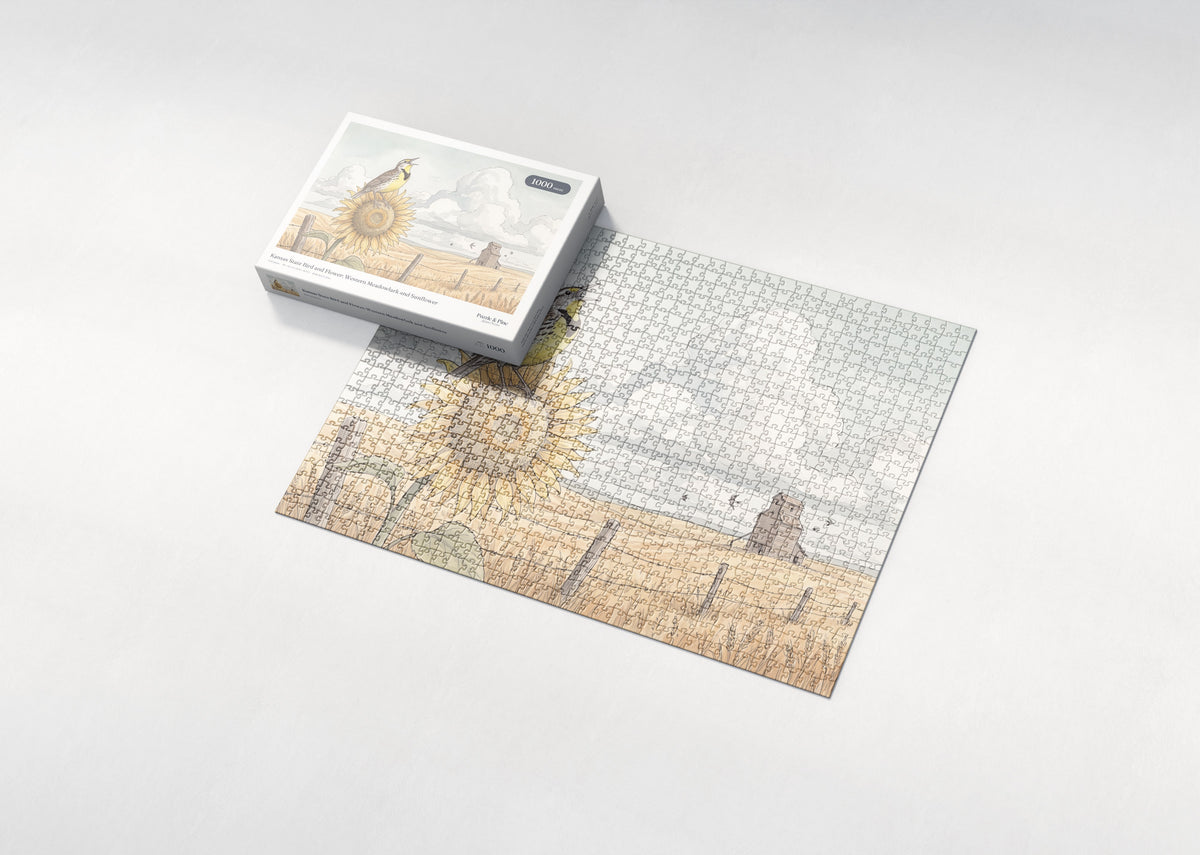 Kansas State Bird and Flower: Western Meadowlark and Sunflower jigsaw puzzle - box and puzzle