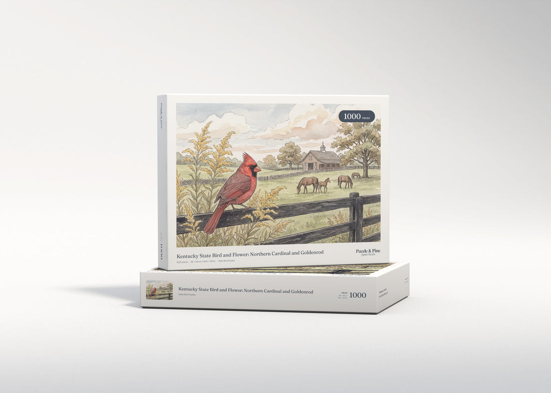 Kentucky State Bird and Flower: Northern Cardinal and Goldenrod jigsaw puzzle - gift box