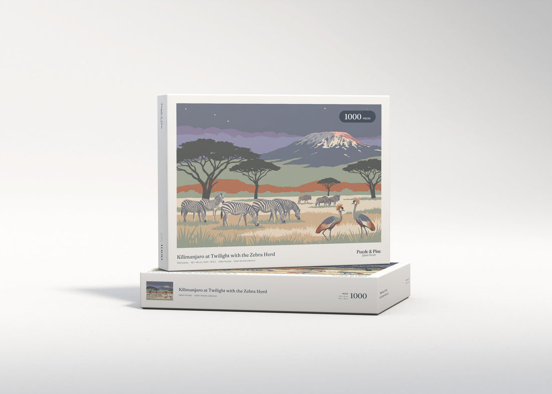 Kilimanjaro at Twilight with the Zebra Herd jigsaw puzzle - gift box