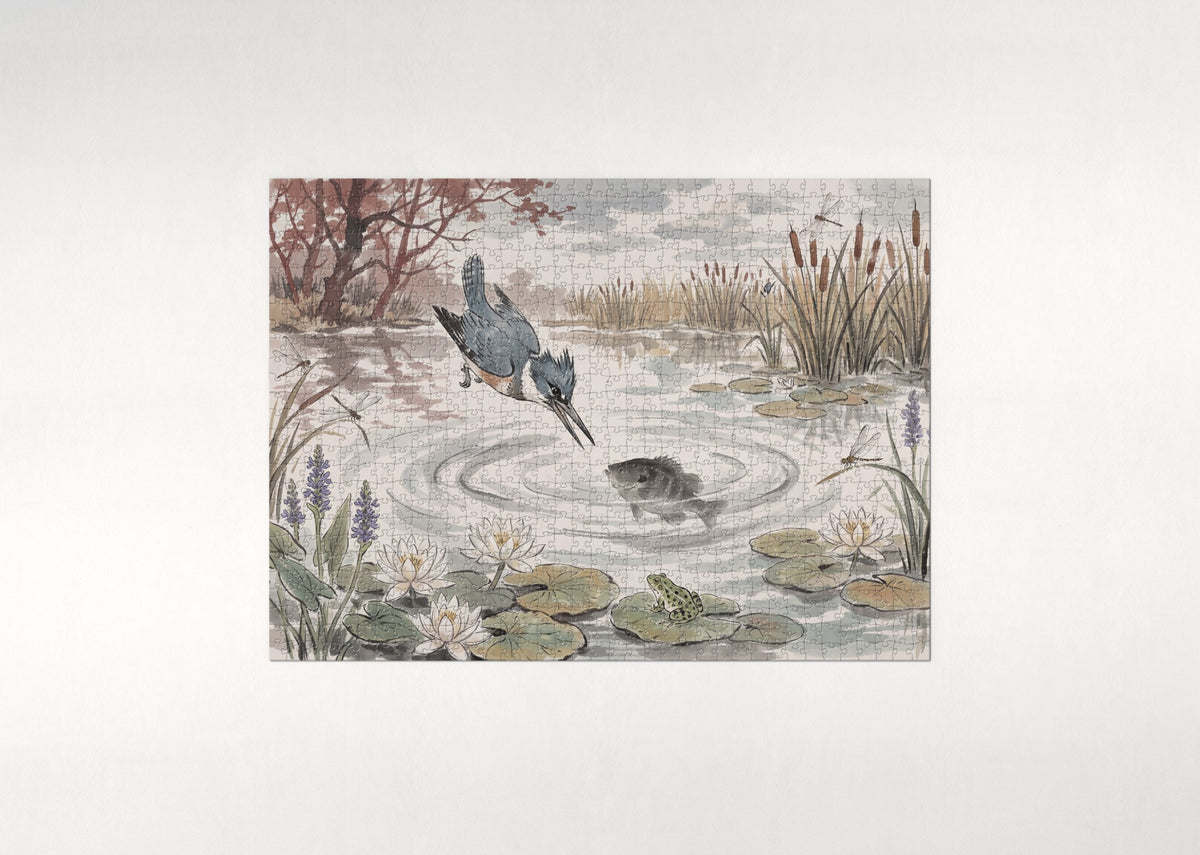 Kingfisher Diving at the Lily Pond jigsaw puzzle - flat puzzle
