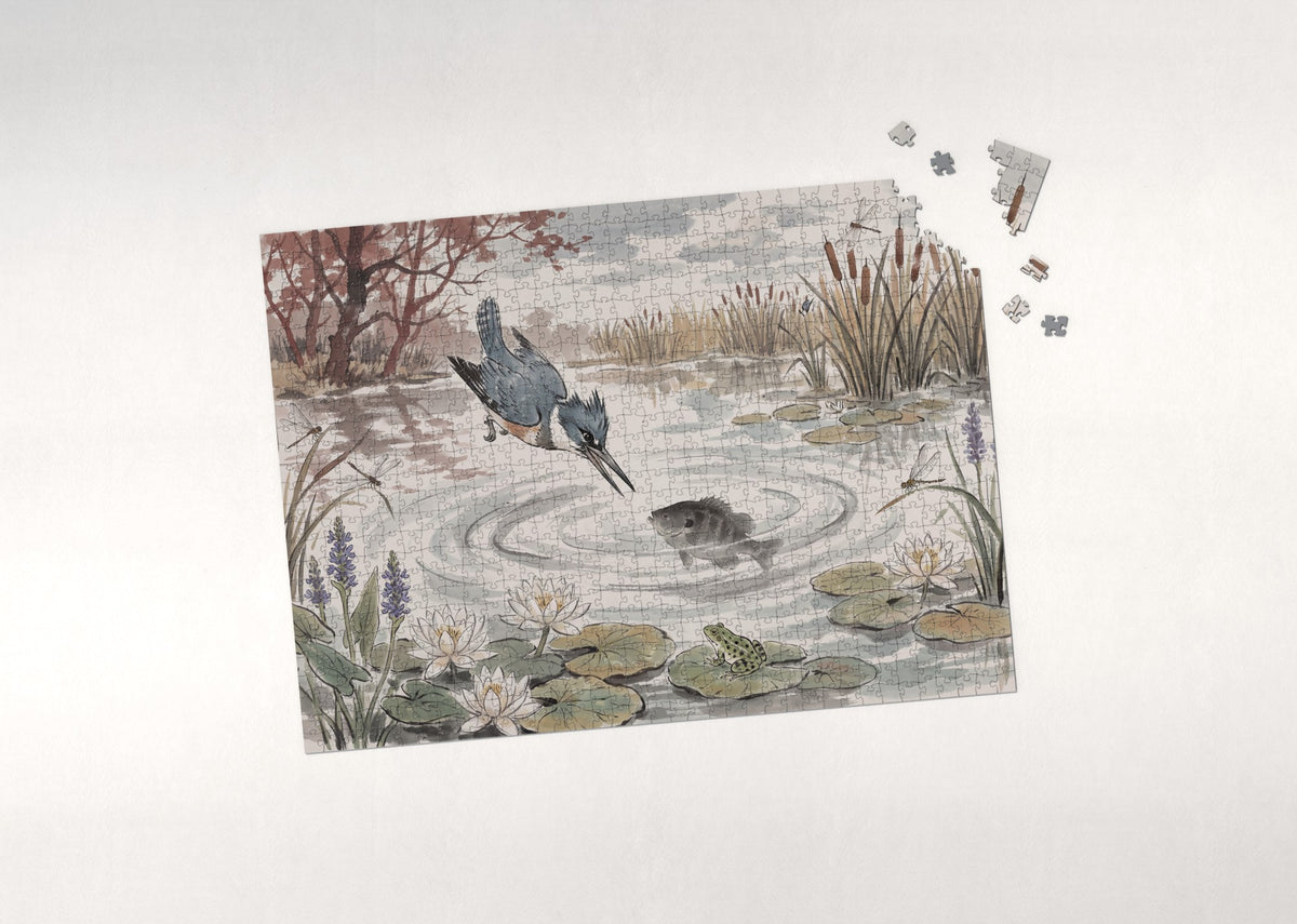Kingfisher Diving at the Lily Pond jigsaw puzzle - puzzle with loose pieces