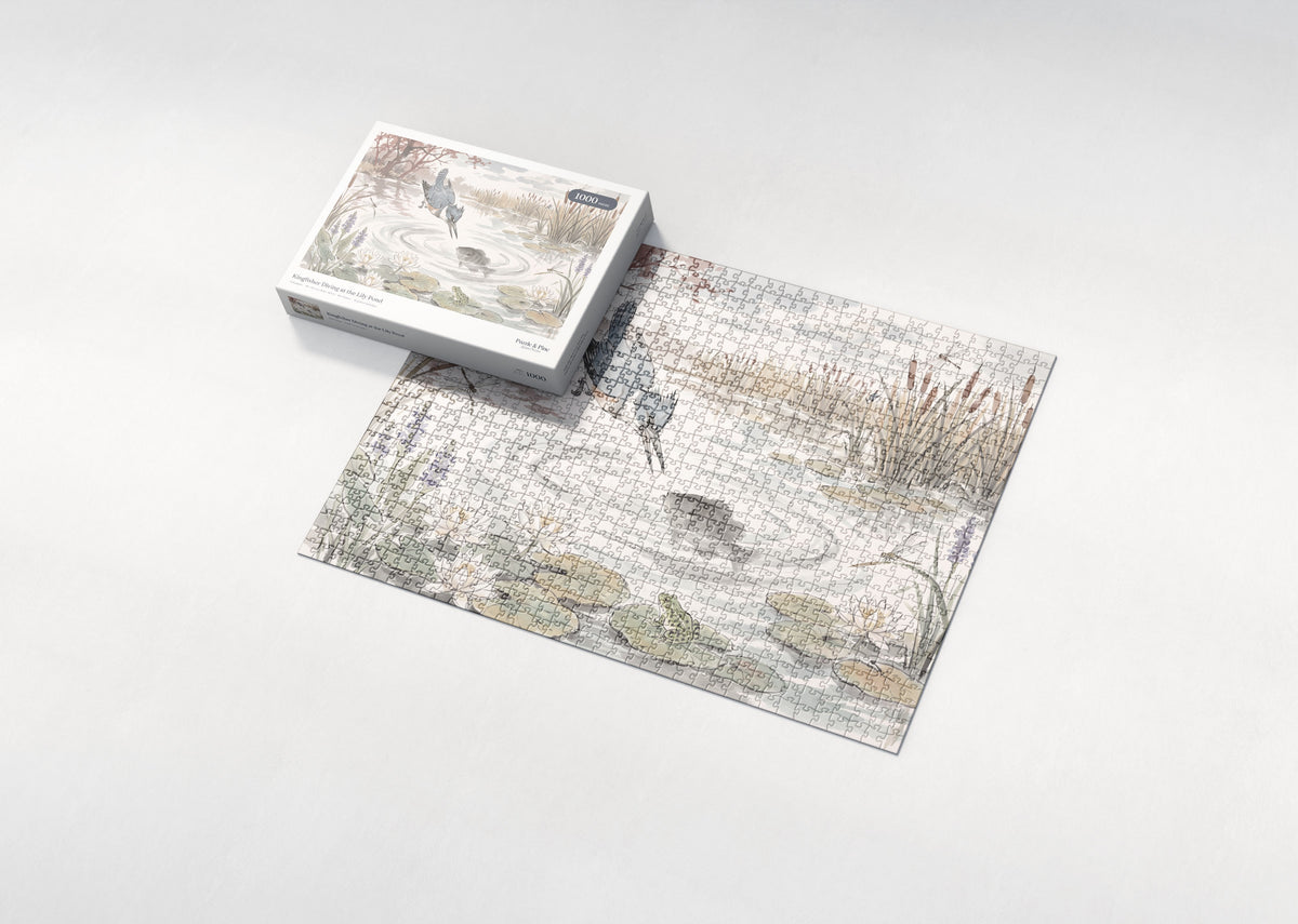 Kingfisher Diving at the Lily Pond jigsaw puzzle - box and puzzle