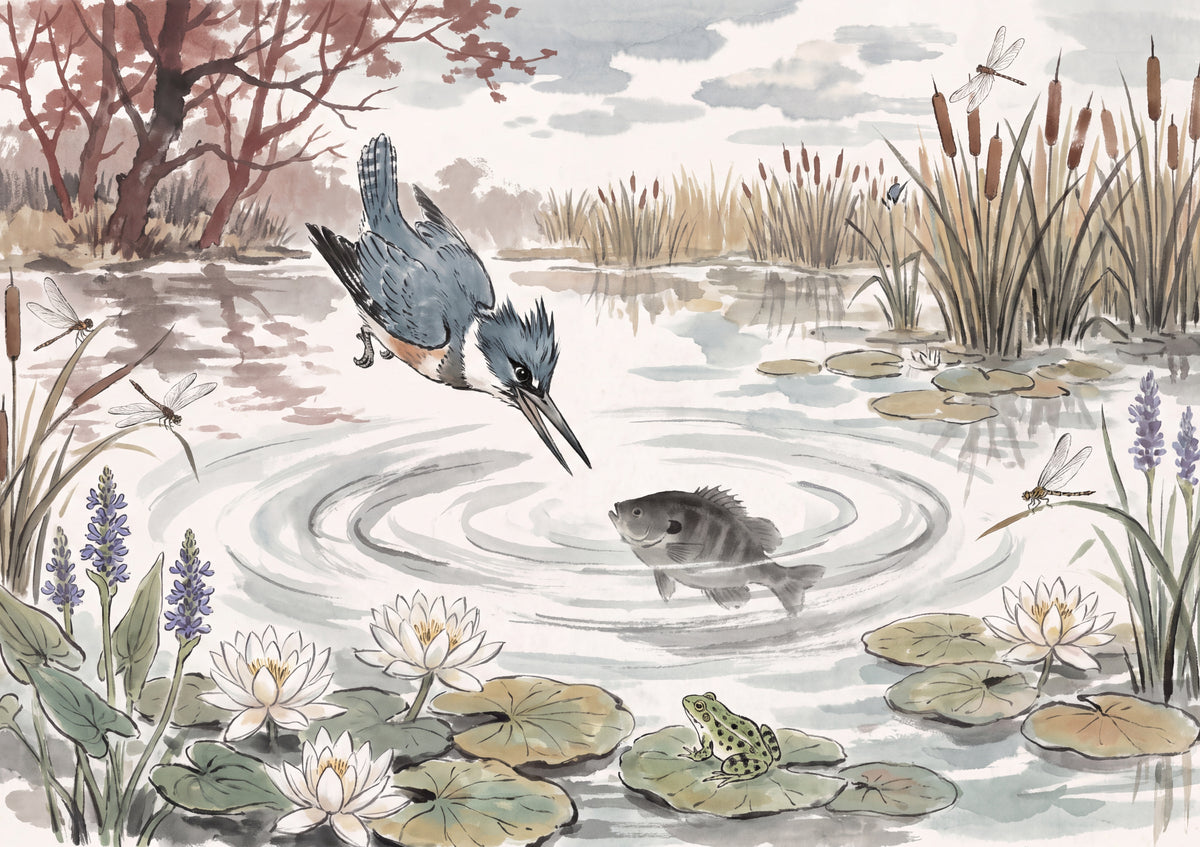Kingfisher Diving at the Lily Pond jigsaw puzzle