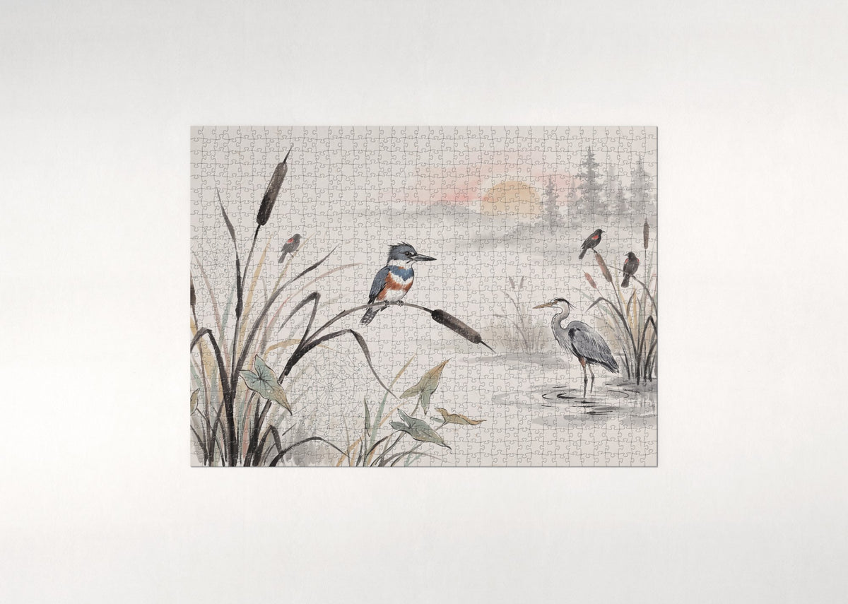 Kingfisher in the Morning Mist Marsh jigsaw puzzle - flat puzzle
