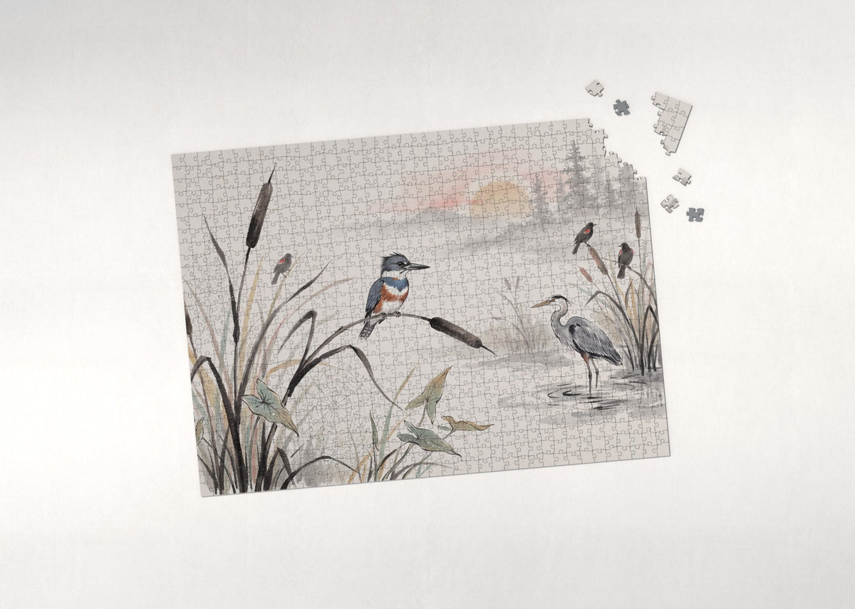 Kingfisher in the Morning Mist Marsh jigsaw puzzle - puzzle with loose pieces
