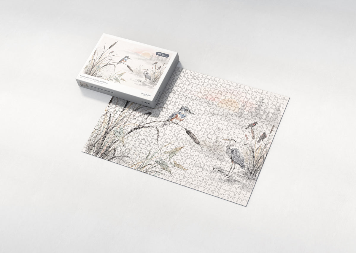 Kingfisher in the Morning Mist Marsh jigsaw puzzle - box and puzzle