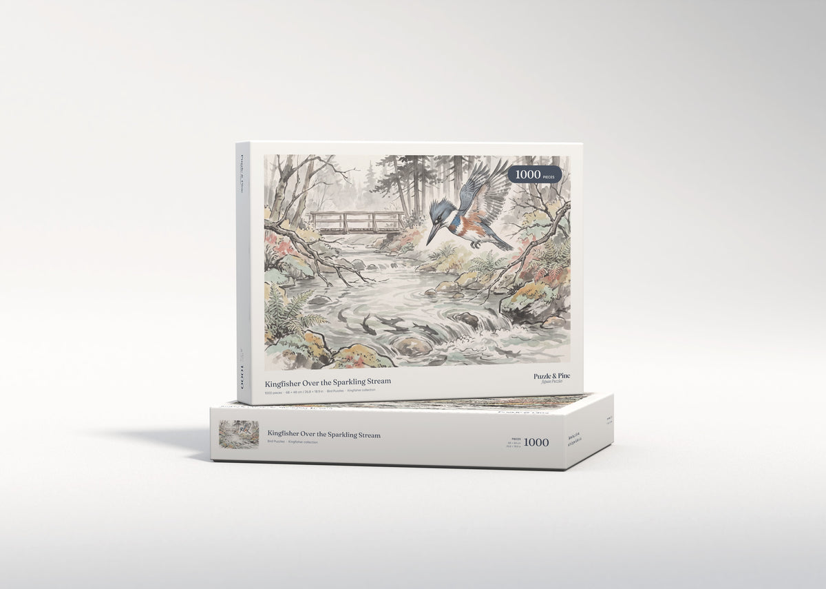 Kingfisher Over the Sparkling Stream jigsaw puzzle - gift box
