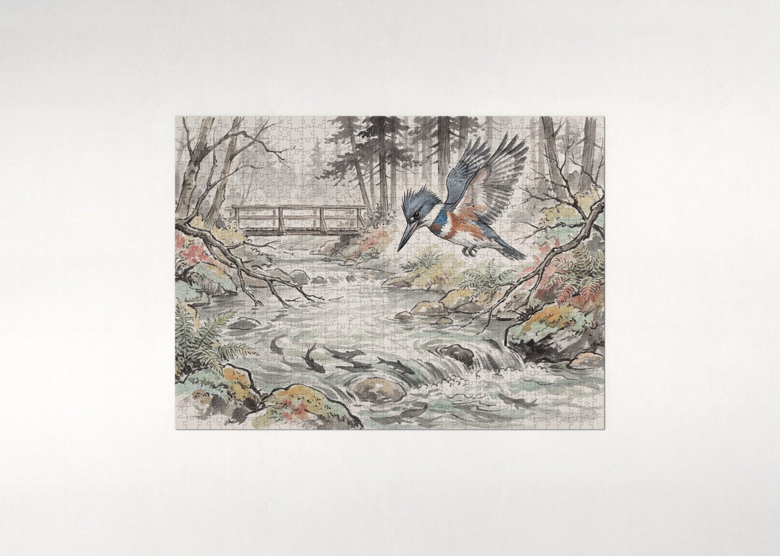 Kingfisher Over the Sparkling Stream jigsaw puzzle - gift box