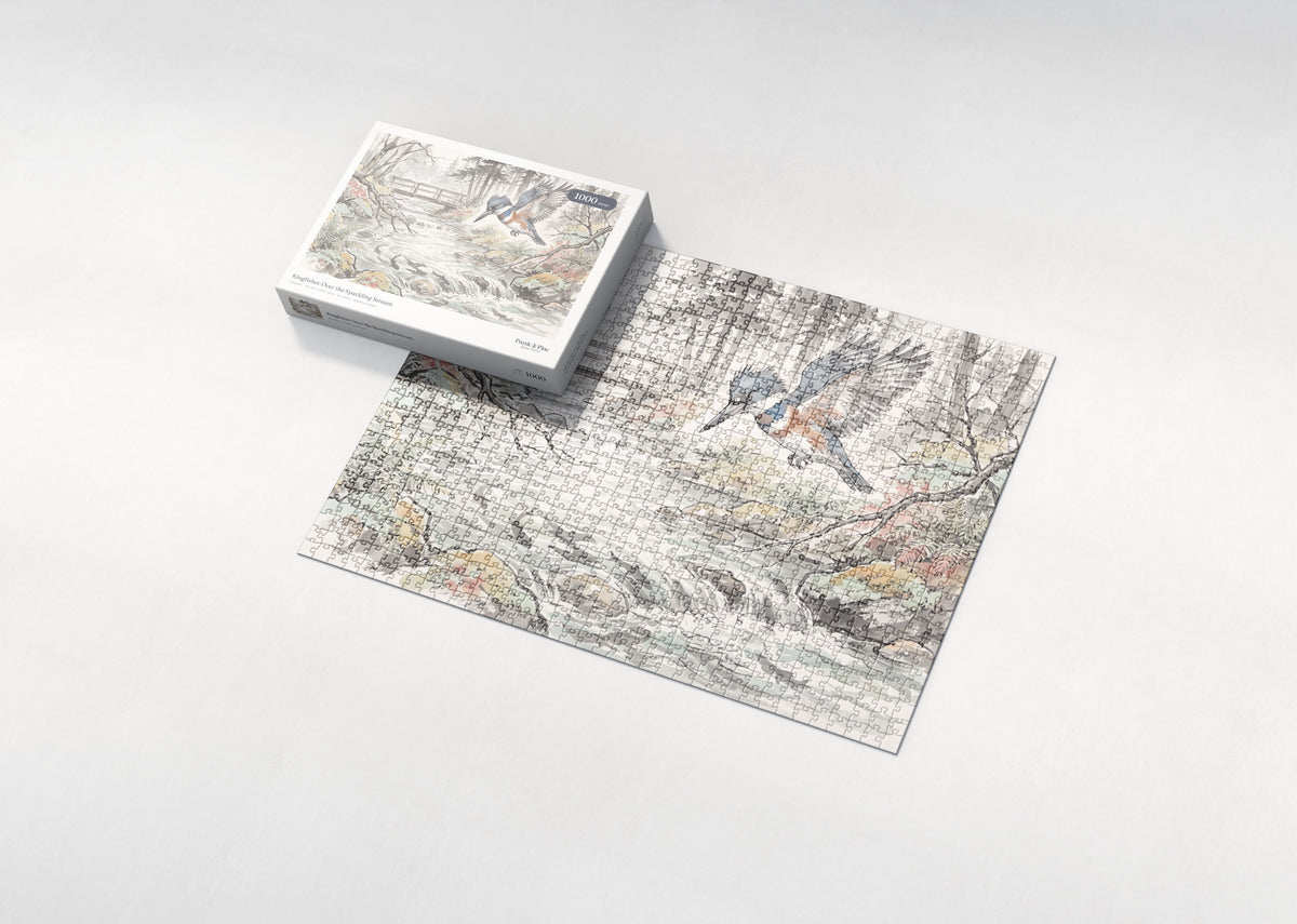 Kingfisher Over the Sparkling Stream jigsaw puzzle - box and puzzle