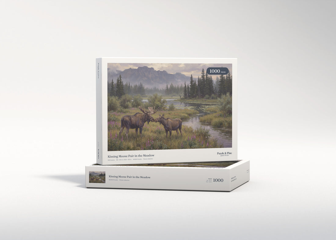 Kissing Moose Pair in the Meadow jigsaw puzzle - gift box