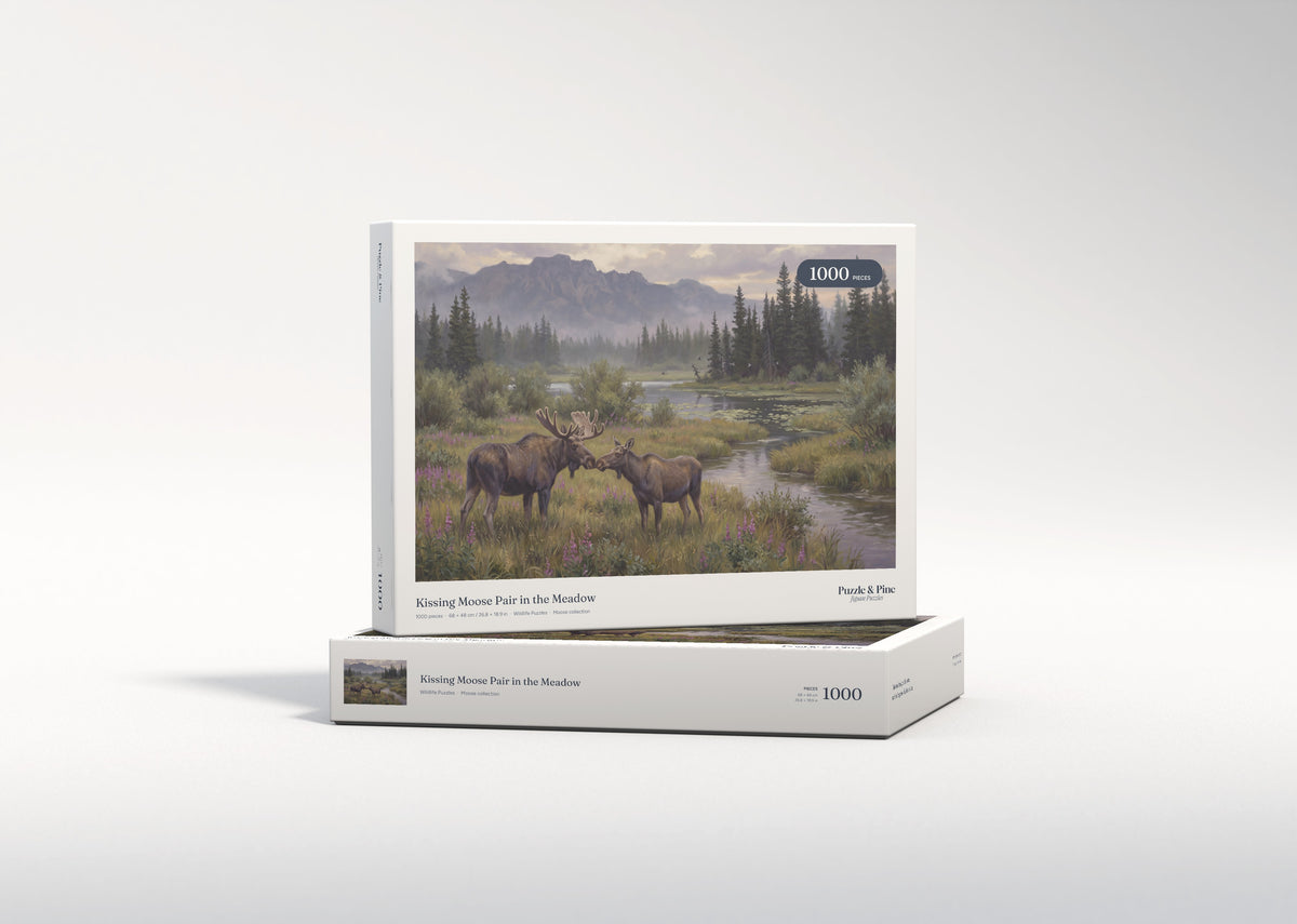 Kissing Moose Pair in the Meadow jigsaw puzzle - gift box