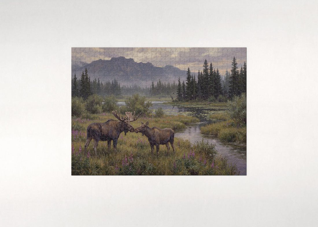 Kissing Moose Pair in the Meadow jigsaw puzzle - gift box