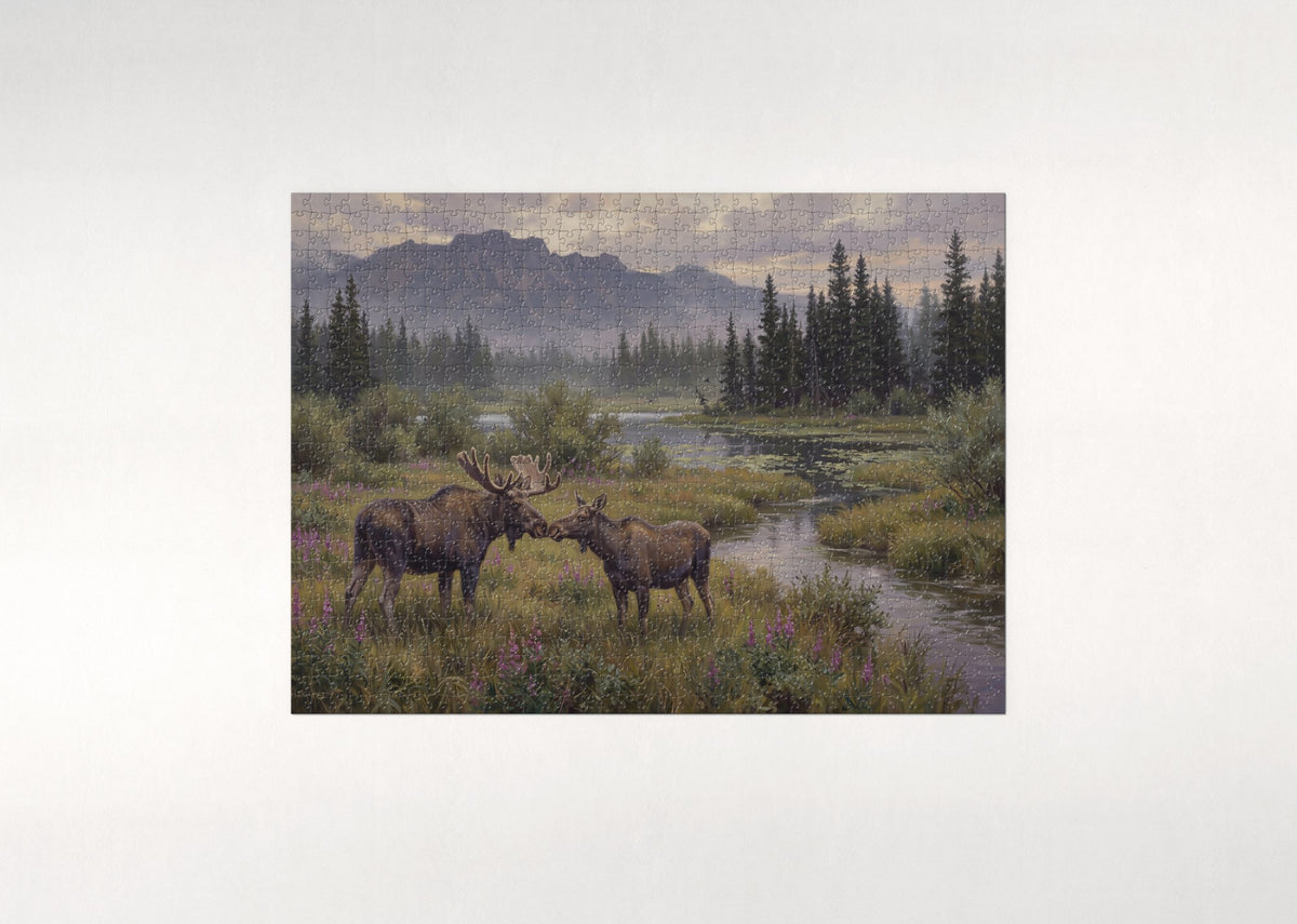 Kissing Moose Pair in the Meadow jigsaw puzzle - flat puzzle