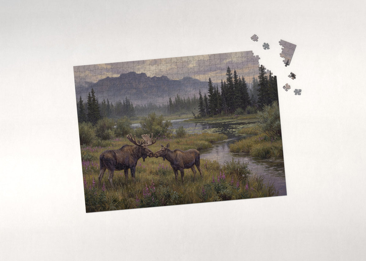 Kissing Moose Pair in the Meadow jigsaw puzzle - puzzle with loose pieces