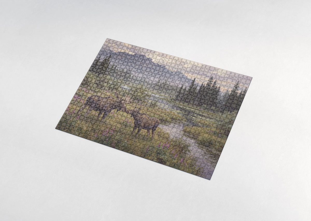 Kissing Moose Pair in the Meadow jigsaw puzzle - assembled puzzle