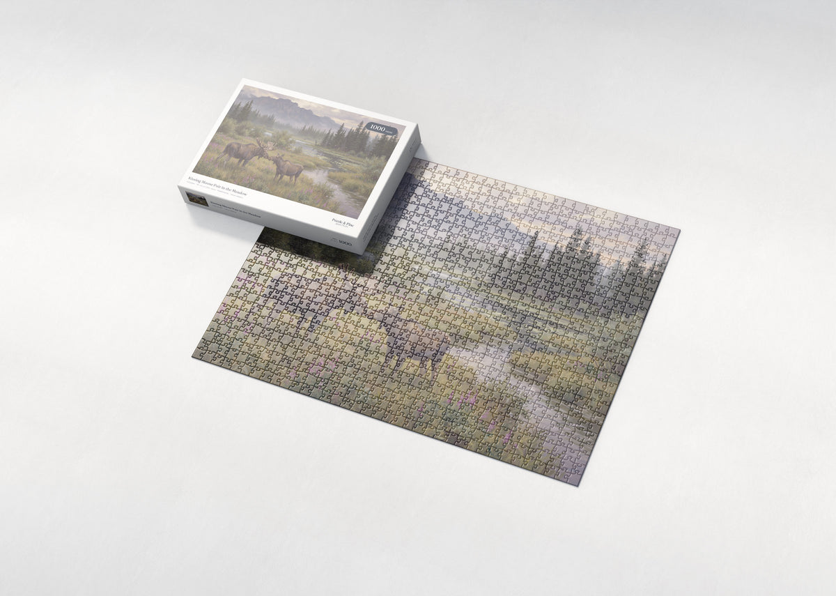 Kissing Moose Pair in the Meadow jigsaw puzzle - box and puzzle