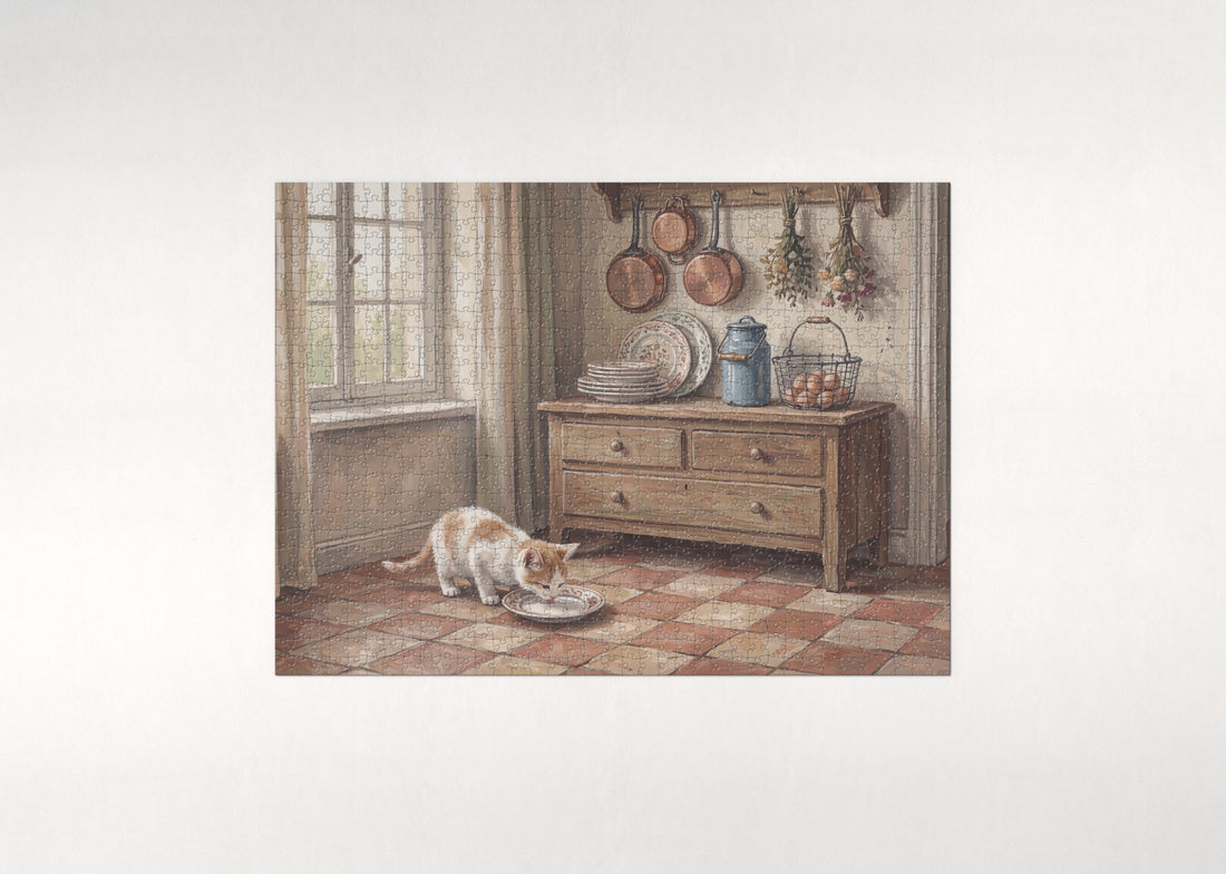 Kitten By the Milk Saucer jigsaw puzzle - gift box