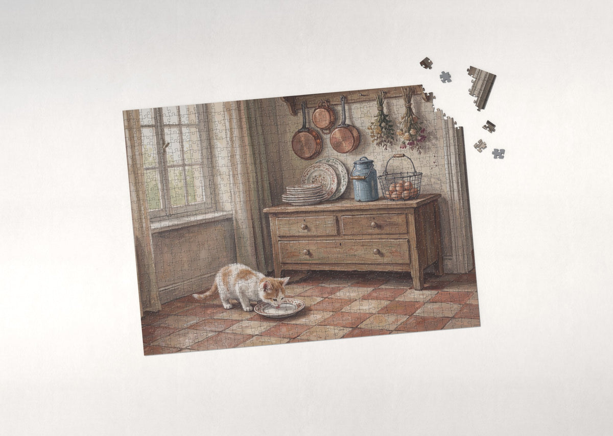 Kitten By the Milk Saucer jigsaw puzzle - puzzle with loose pieces