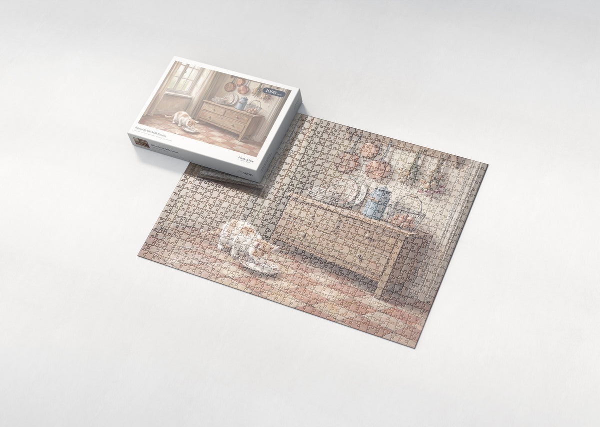 Kitten By the Milk Saucer jigsaw puzzle - box and puzzle