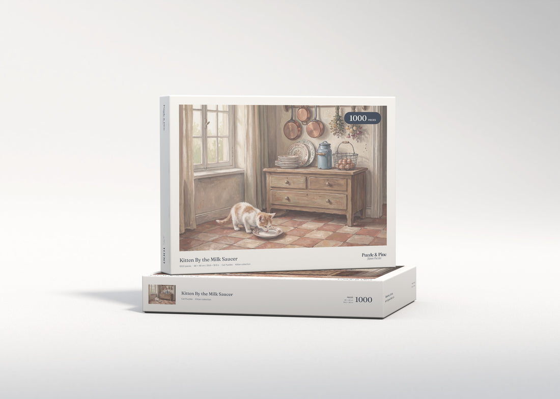 Kitten By the Milk Saucer jigsaw puzzle - gift box