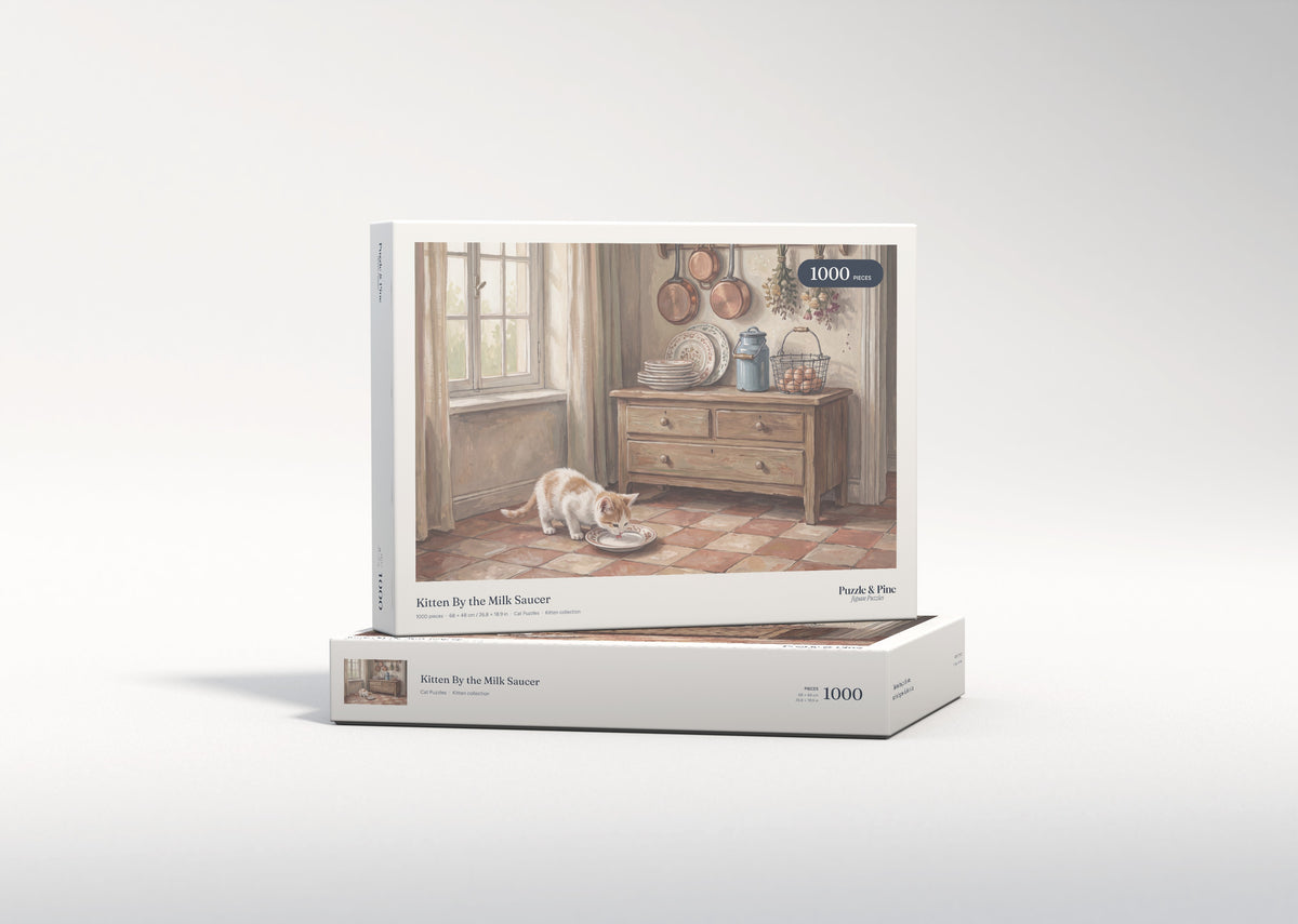 Kitten By the Milk Saucer jigsaw puzzle - gift box