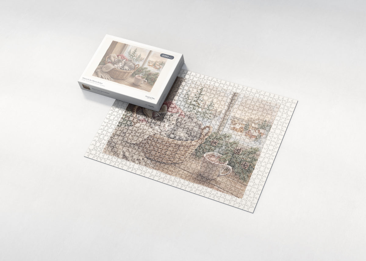 Kitten In the Mitten Basket jigsaw puzzle - box and puzzle
