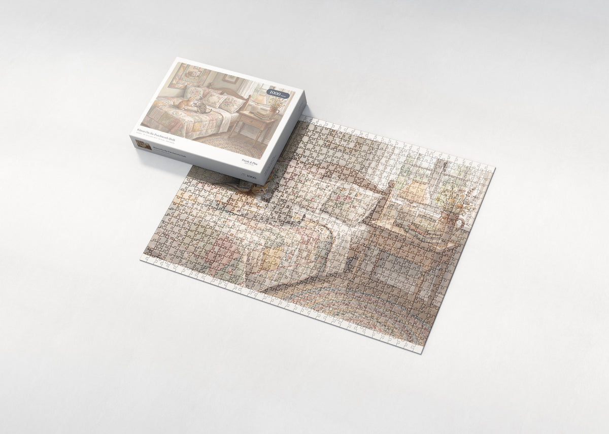 Kitten On the Patchwork Quilt jigsaw puzzle - box and puzzle