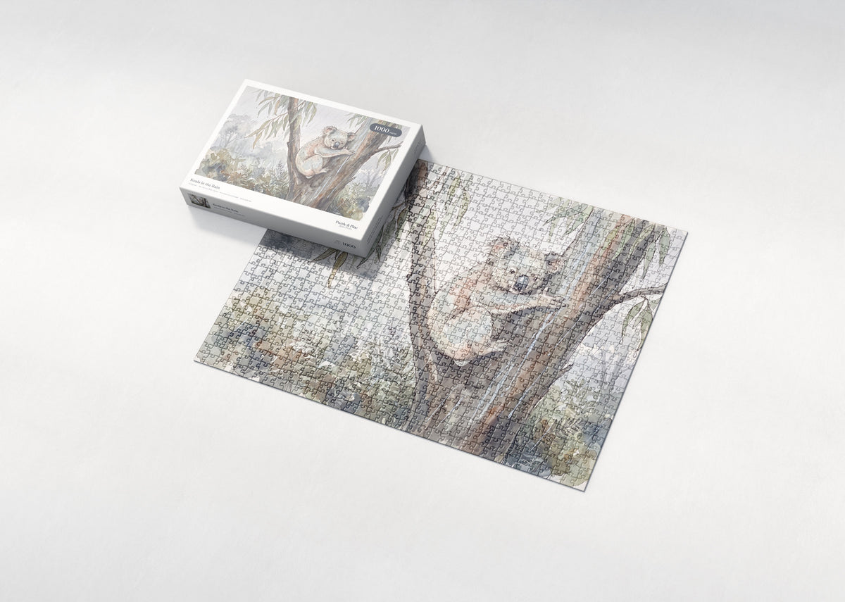 Koala in the Rain jigsaw puzzle - box and puzzle
