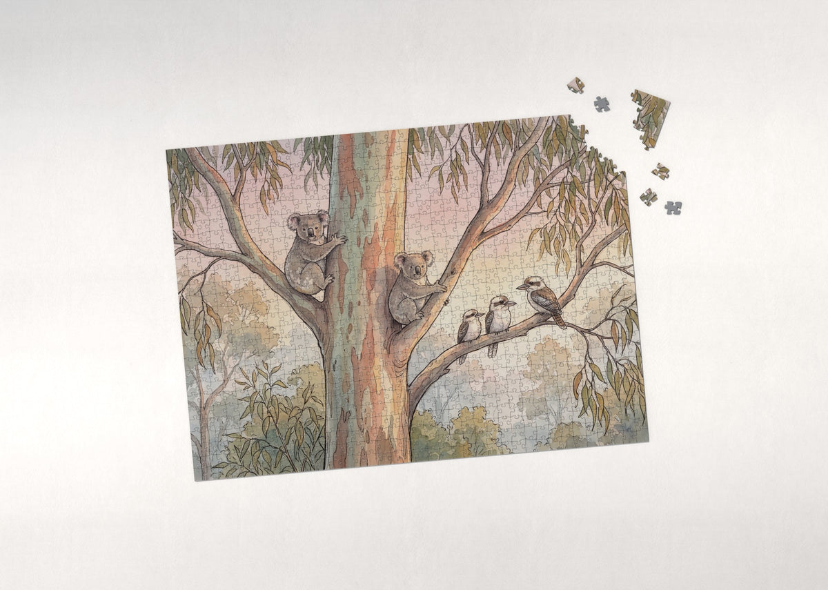 Koalas in the Gum Tree at Dawn jigsaw puzzle - puzzle with loose pieces