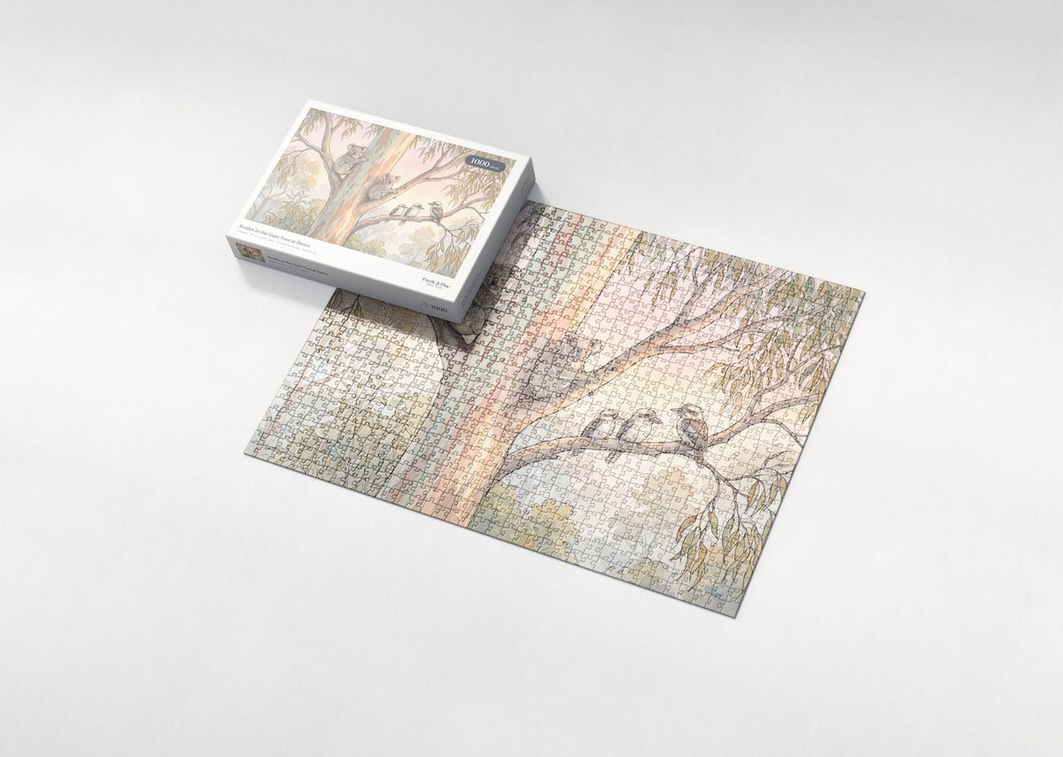 Koalas in the Gum Tree at Dawn jigsaw puzzle - box and puzzle