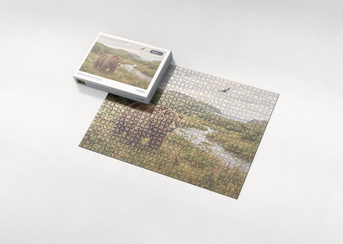 Kodiak Brown Bear in the Tall Grass jigsaw puzzle - box and puzzle