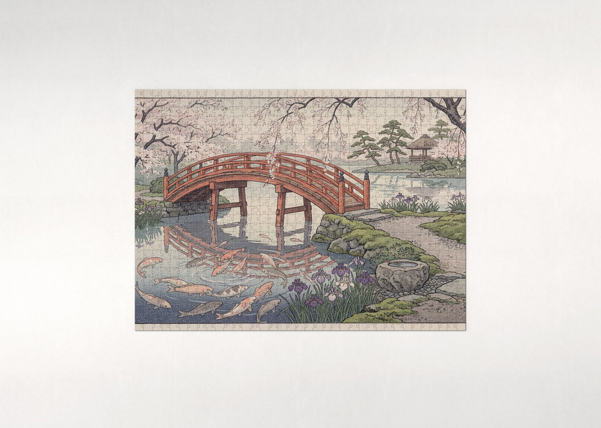 Koi at the Japanese Garden Bridge jigsaw puzzle - flat puzzle