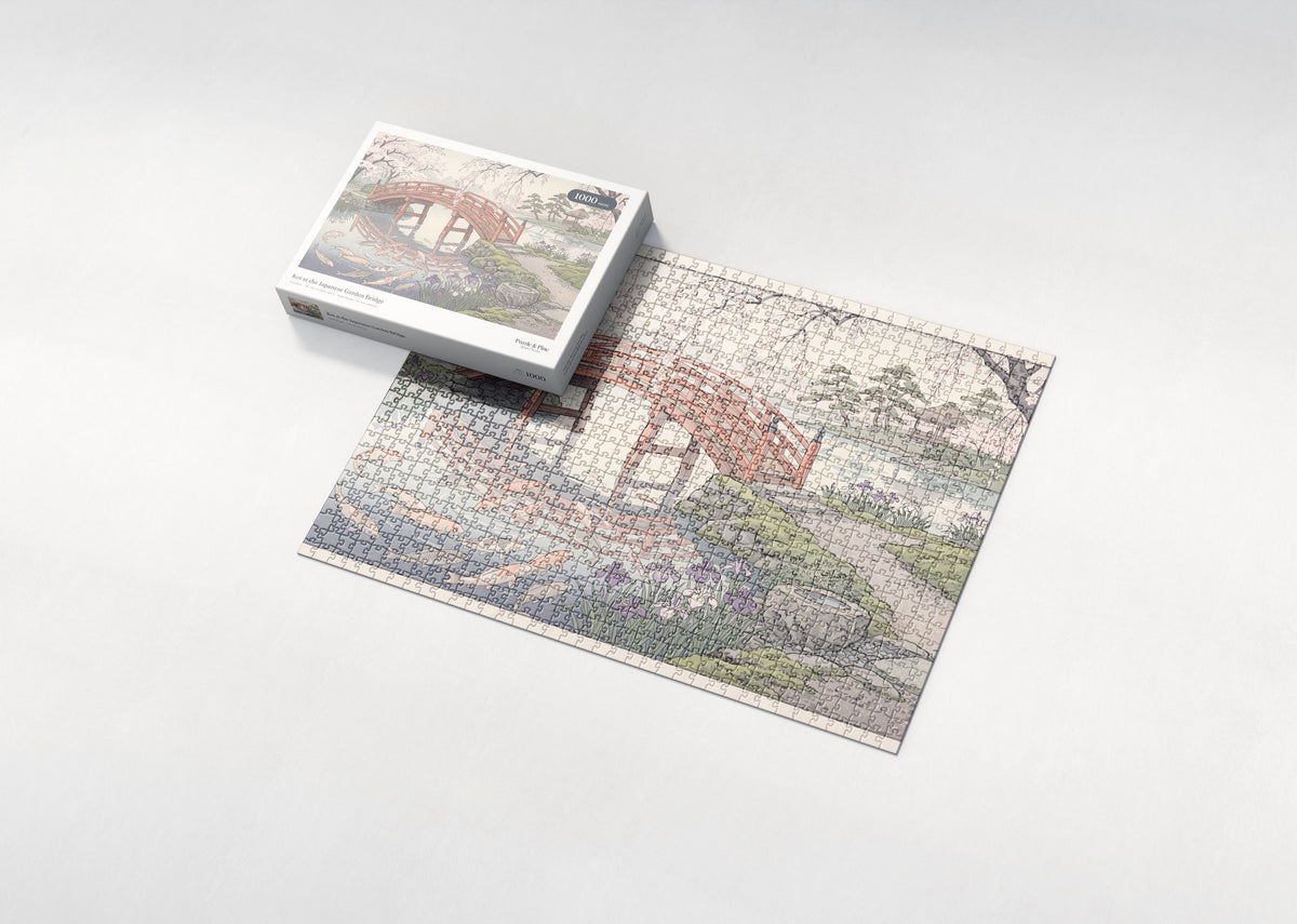 Koi at the Japanese Garden Bridge jigsaw puzzle - box and puzzle