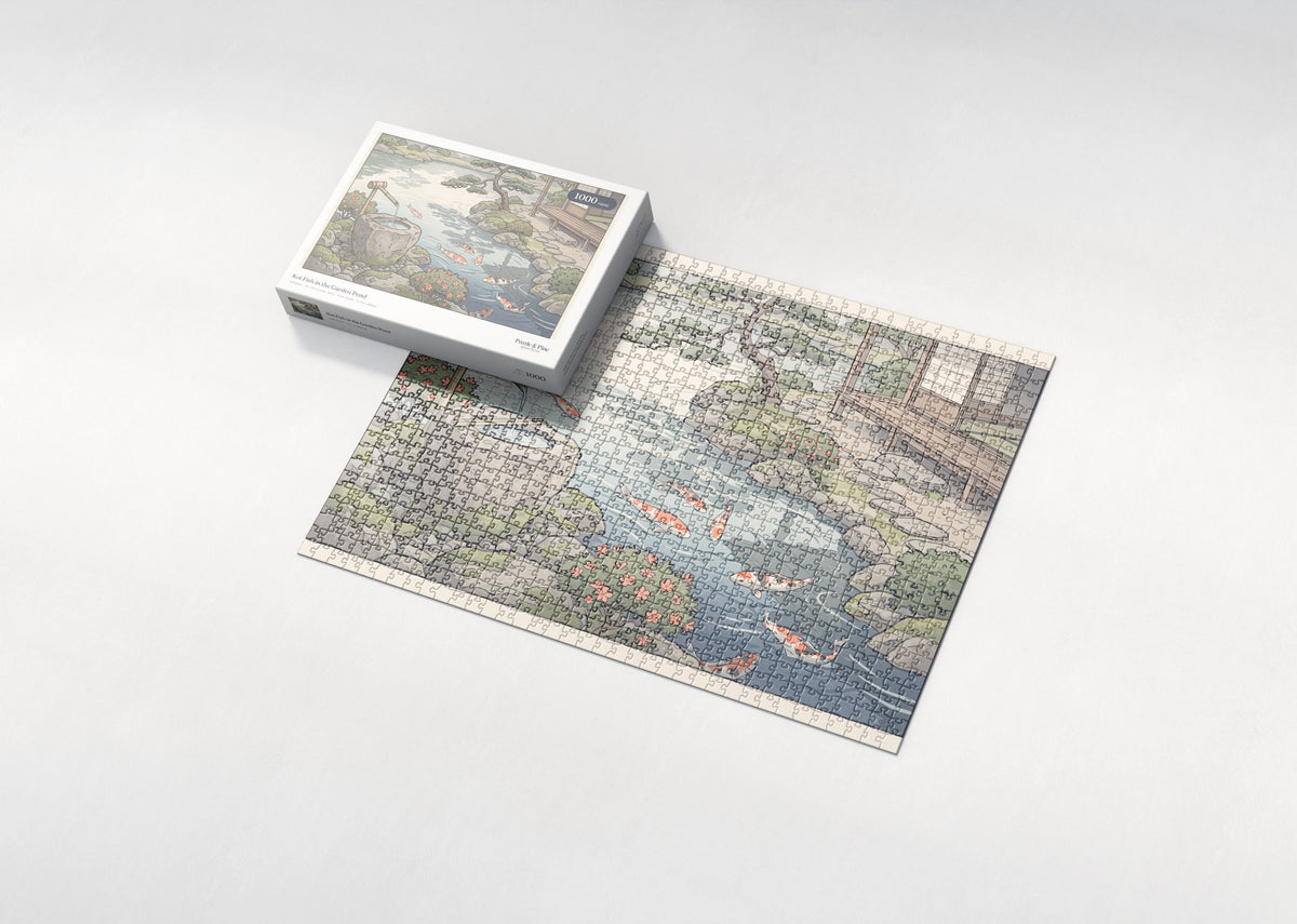 Koi Fish in the Garden Pond jigsaw puzzle - box and puzzle