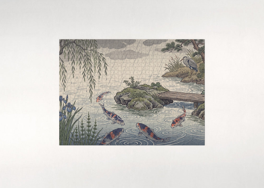 Koi in the Rain on the Pond jigsaw puzzle - gift box