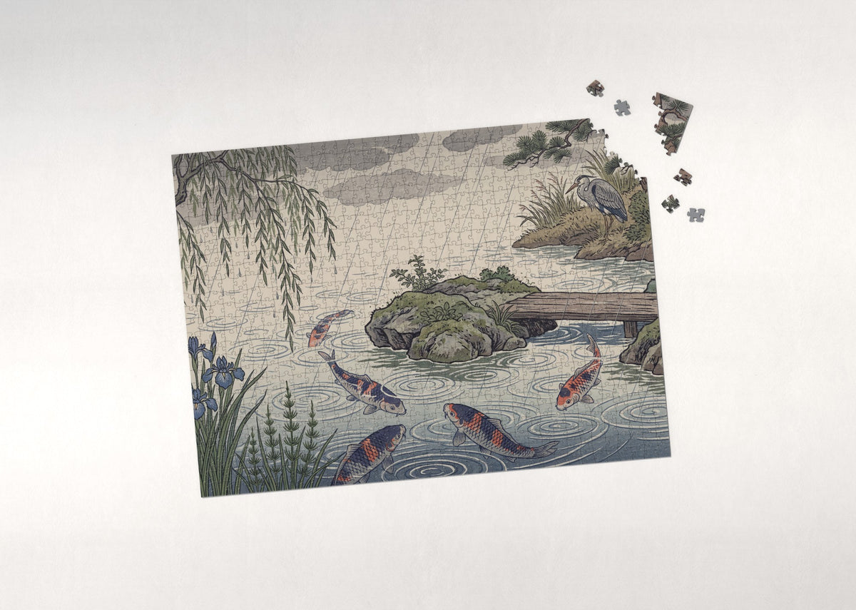 Koi in the Rain on the Pond jigsaw puzzle - puzzle with loose pieces
