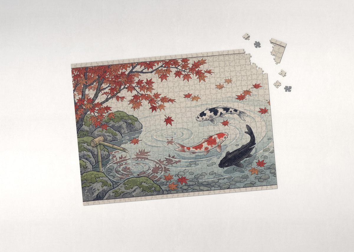 Koi Swimming Beneath the Maple Leaves jigsaw puzzle - puzzle with loose pieces