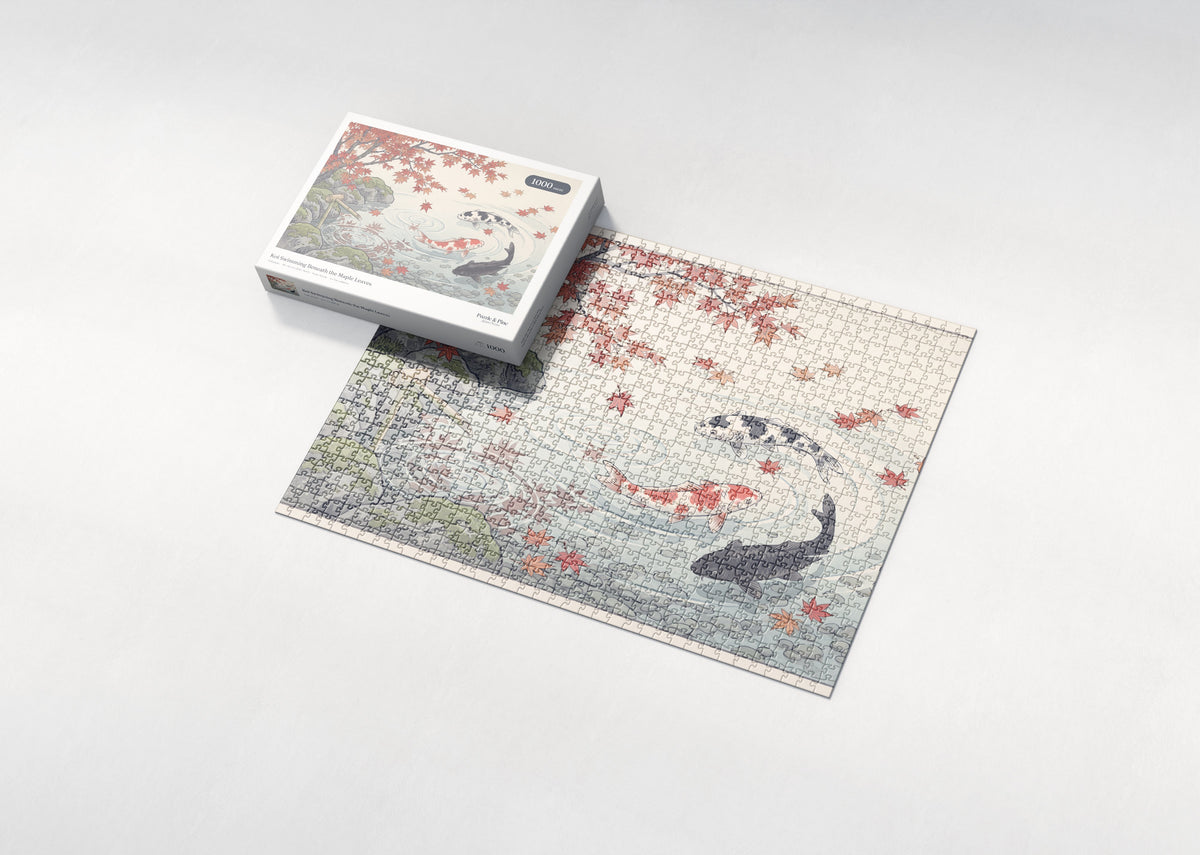 Koi Swimming Beneath the Maple Leaves jigsaw puzzle - box and puzzle