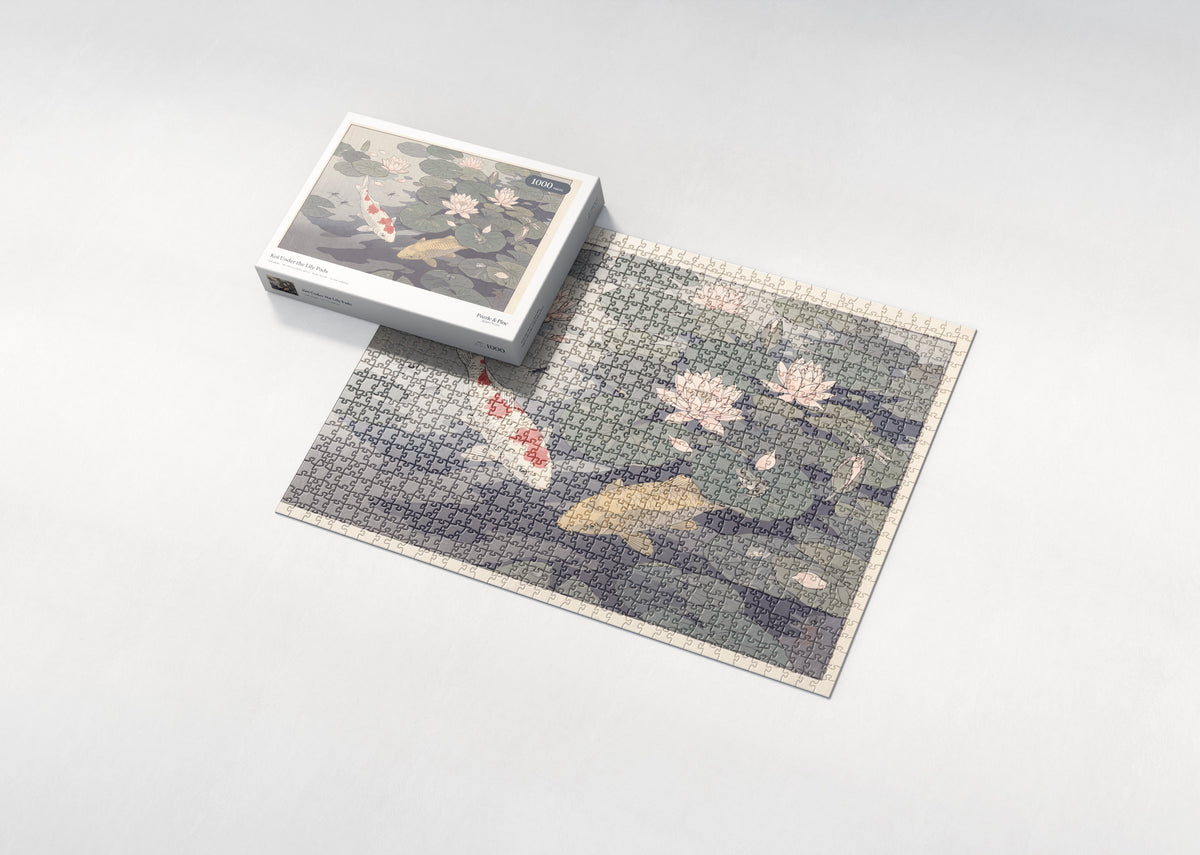 Koi Under the Lily Pads jigsaw puzzle - box and puzzle