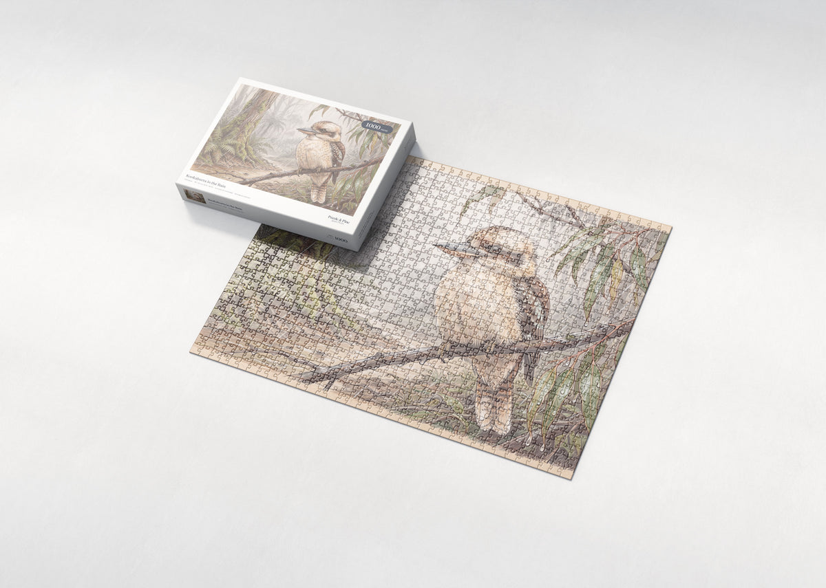 Kookaburra in the Rain jigsaw puzzle - box and puzzle